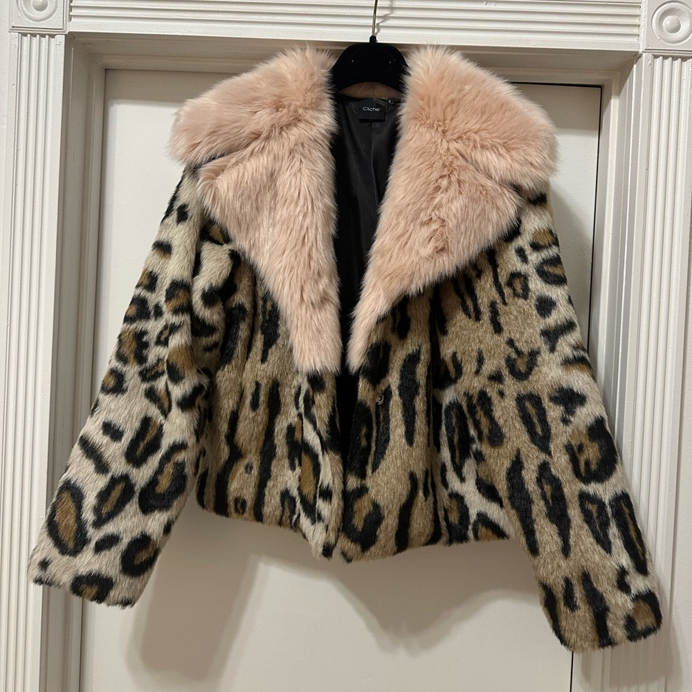 Faux fur J Lo inspired animal print coat. Size small